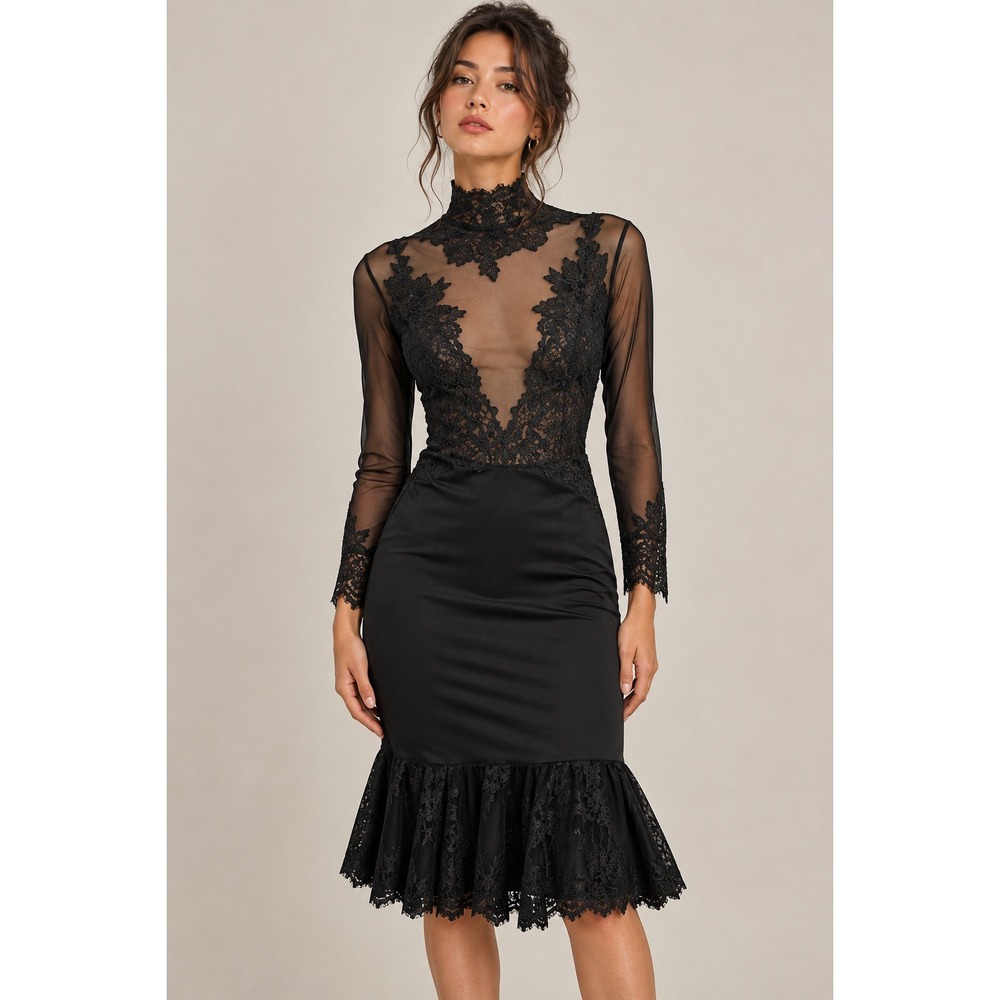 HAH Women Dress S Black Lace Mesh High Neck Open Back Ruffle Hem Cocktail